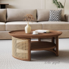 Round Coffee Table Jati dan Rotan Gaya Natural Tropis - Gambar 2