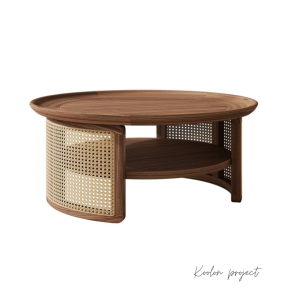 Round Coffee Table Jati dan Rotan Gaya Natural Tropis